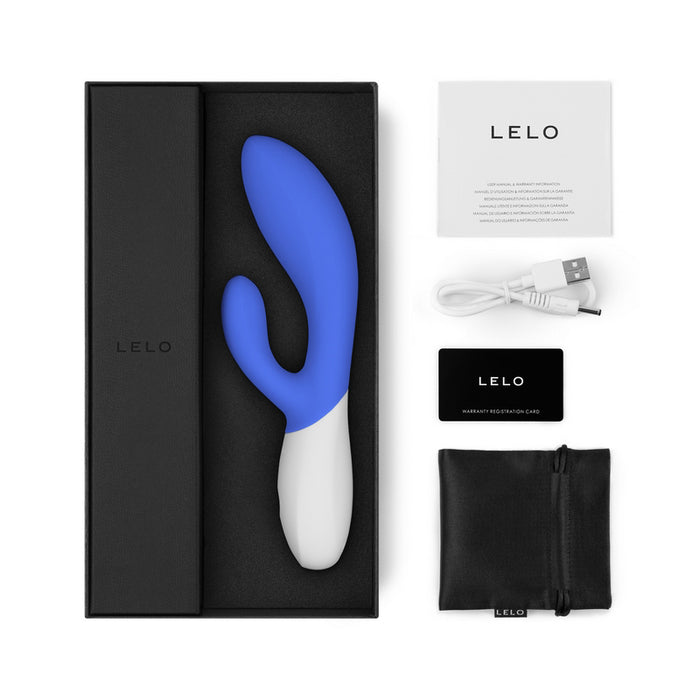 blue internal & external vibrator with g spot & clit stimulation with charger, warranty card & storage pouch
