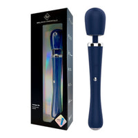 Blue handheld wand vibrator with packaging on a white background