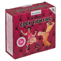 Box of inflatable cock fighting toys with cartoon characters on a pink background