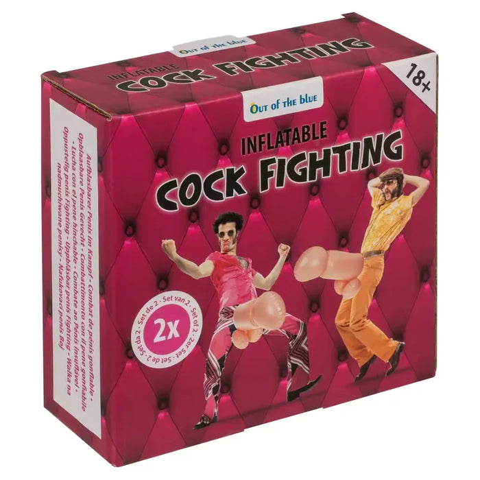 Box of inflatable cock fighting toys with cartoon characters on a pink background
