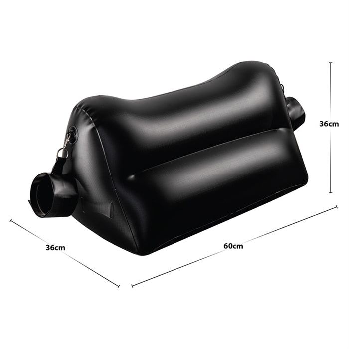 black inflatable cushion with measurements of 36cm by 60cm by 36cm