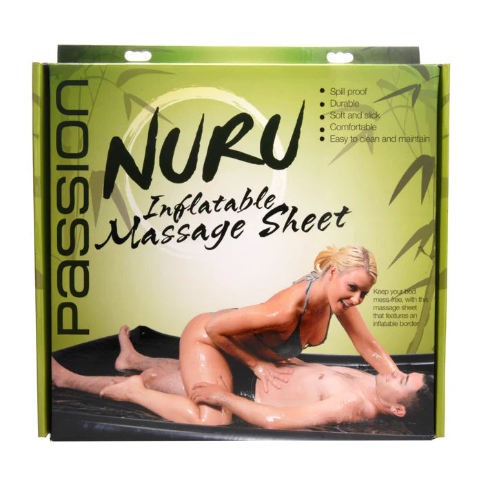 Nuru inflatable massage sheet packaging with a model on a green background