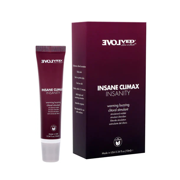 burgundy box beside burgundy tube of insane climax insanity warming buzzing clitoral gel