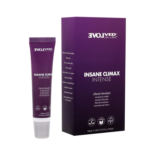 purple box beside purple tube of insane climax intense clitoral gel