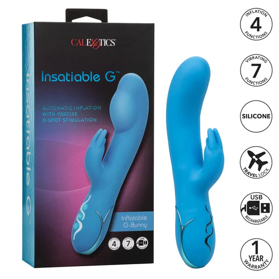 blue vibrator with inflatable tip head on box