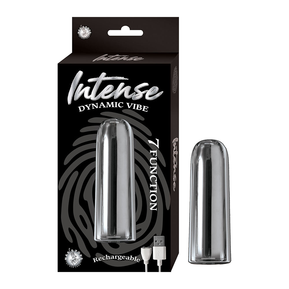 sleek vibrating bullet in metallic silver beside box packaging