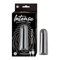 sleek vibrating bullet in metallic silver beside box packaging