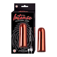 sleek vibrating bullet in metallic red beside box packaging