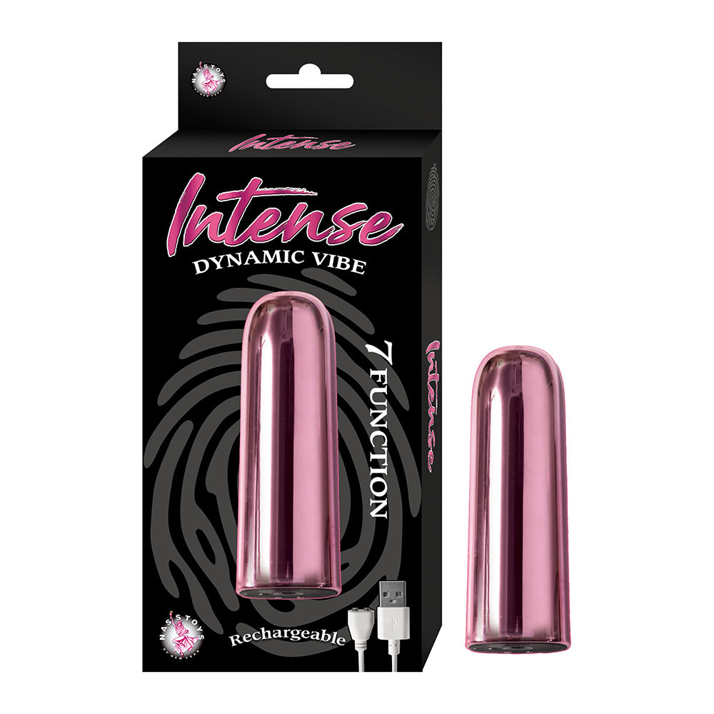 sleek vibrating bullet in metallic pink beside box packaging