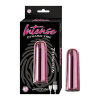 sleek vibrating bullet in metallic pink beside box packaging