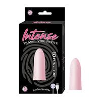small sleek compact vibrator rechargeable in pink beside box packaging 