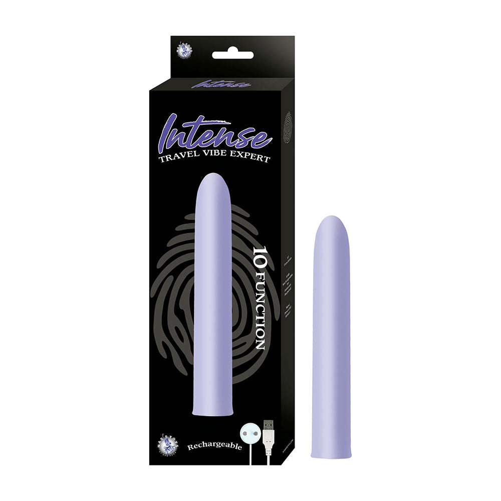 sleek vibrator in lavender beside box packaging