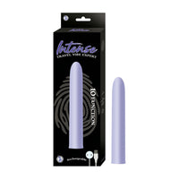 sleek vibrator in lavender beside box packaging