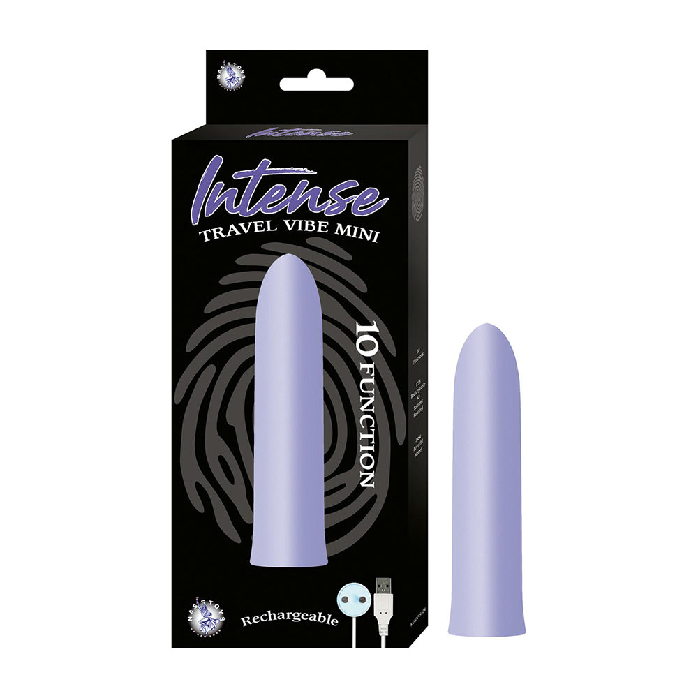 sleek rechargeable vibrator in purple, beside box packaging