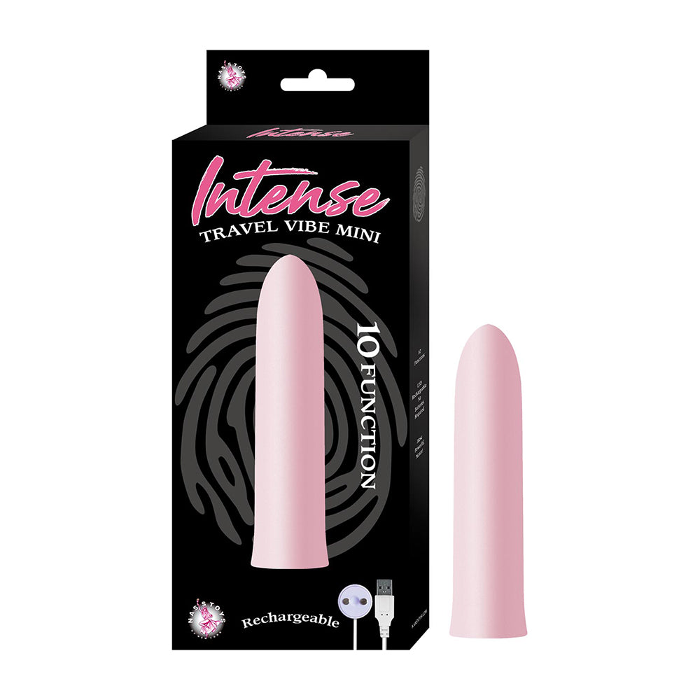 sleek rechargeable vibrator in pink, beside box packaging