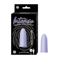 small sleek compact vibrator rechargeable in lavender beside box 