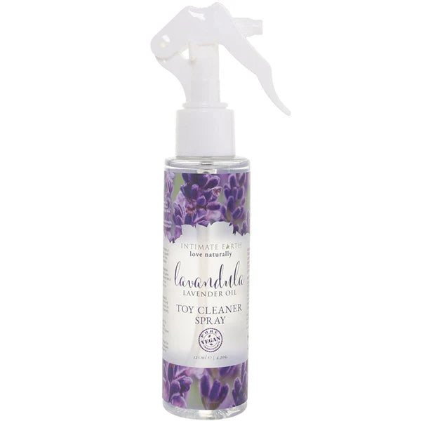 Lavender toy cleaner spray bottle on a white background