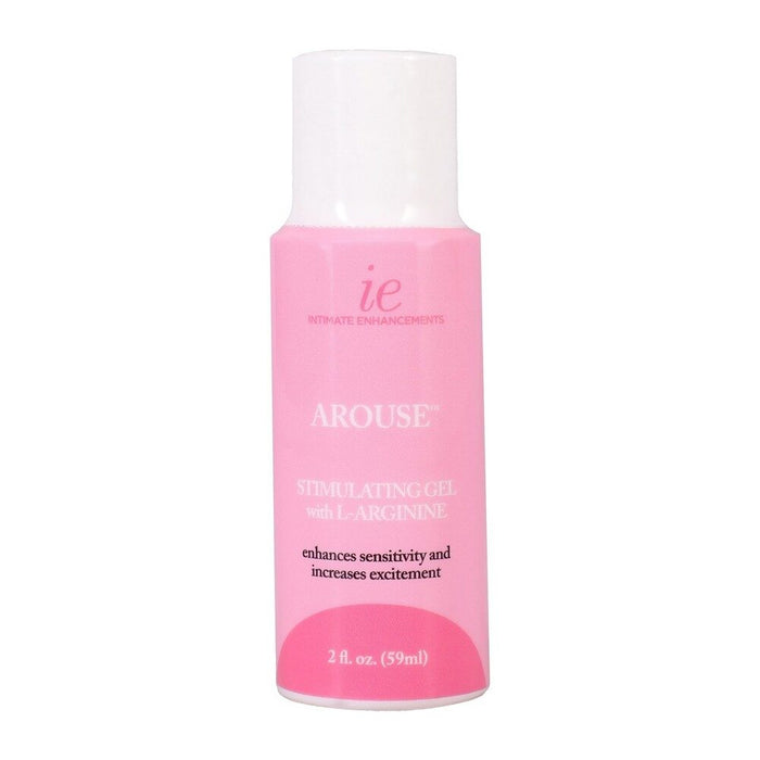 Pink bottle of 'AROUSE' stimulating gel with white cap on a white background