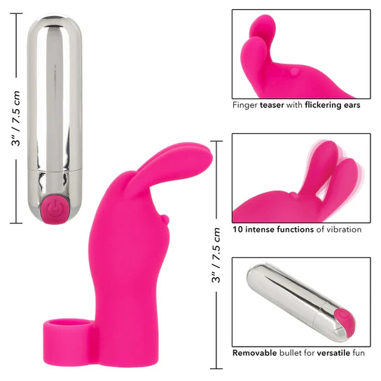 various angles of the separated silver bullet and pink bunny eared finger sleeve