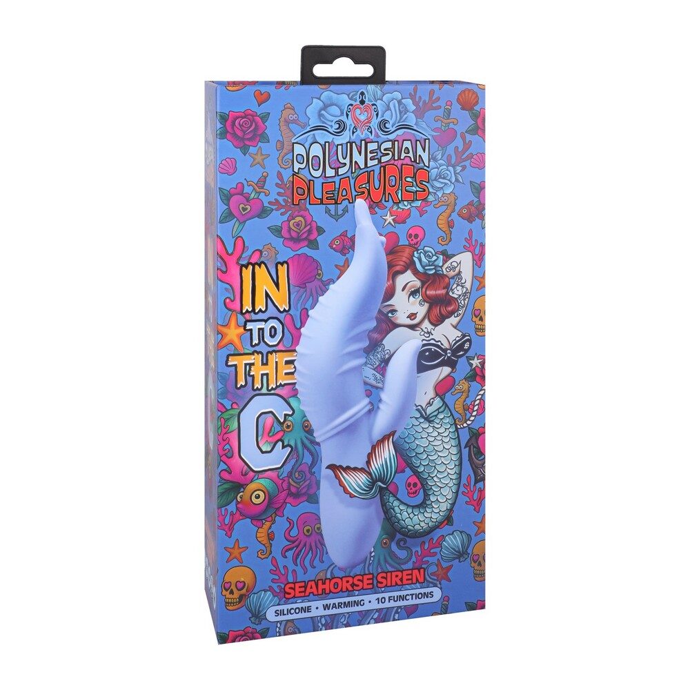 Product packaging for into the c maui seahorse siren with mermaid design and colorful text on a blue background