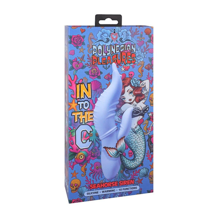 Product packaging for into the c maui seahorse siren with mermaid design and colorful text on a blue background
