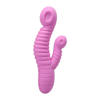 Pink silicone vibrator with clitoral stimulation on a white background