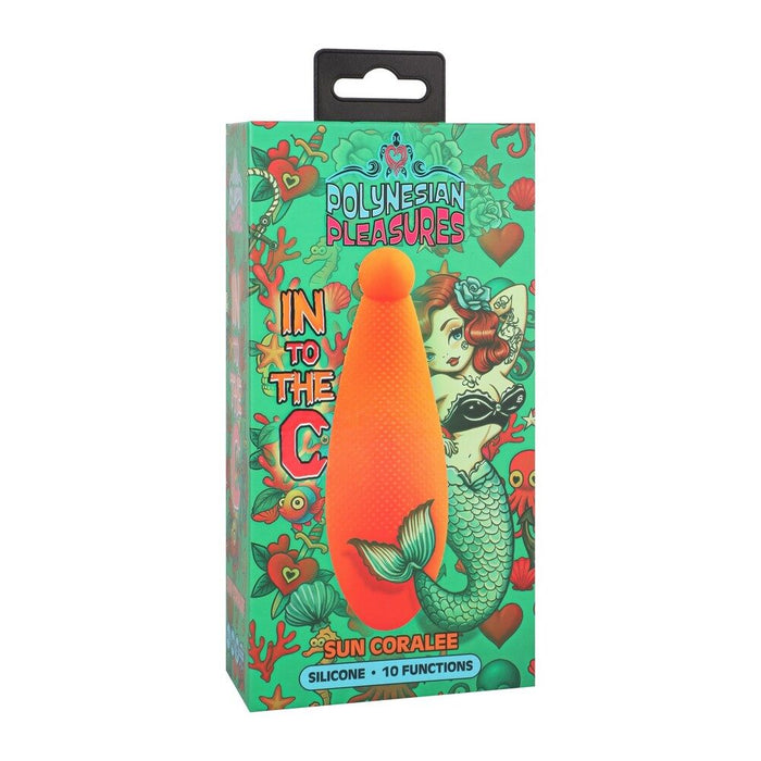 Product packaging with colorful design and text on a white background, poynesian pleasures into the c sun coralee clitoral vibrator