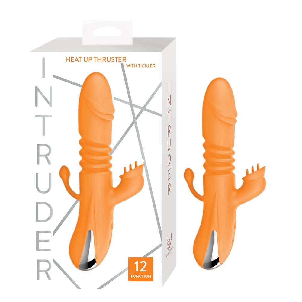 intruder heat up thruster vibrator in orange with packaging