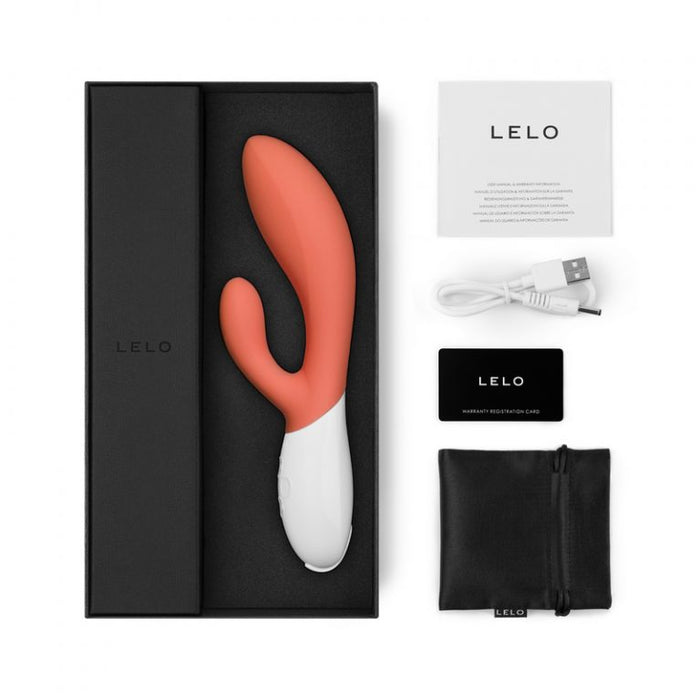 coral internal & external vibrator with g spot & clit stimulation with charger, warranty card & storage pouch