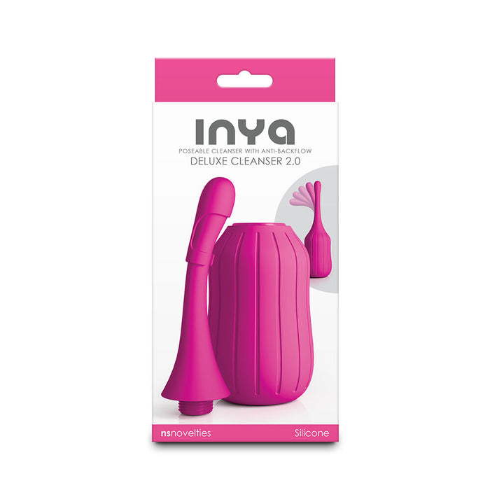 Pink handheld device with packaging labeled 'INYA' on a white background