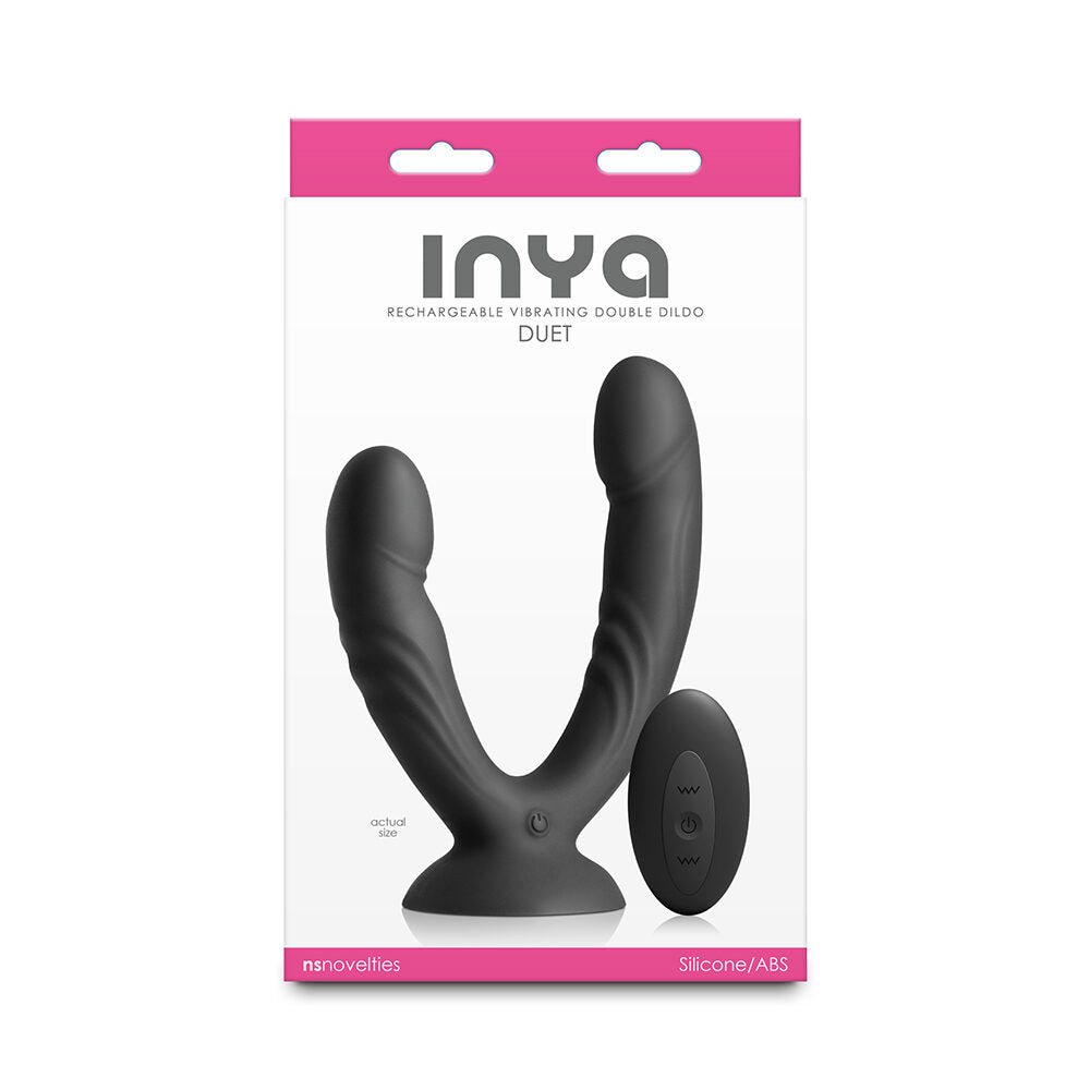 Package of 'inya' rechargeable vibrating double dildo on a white background