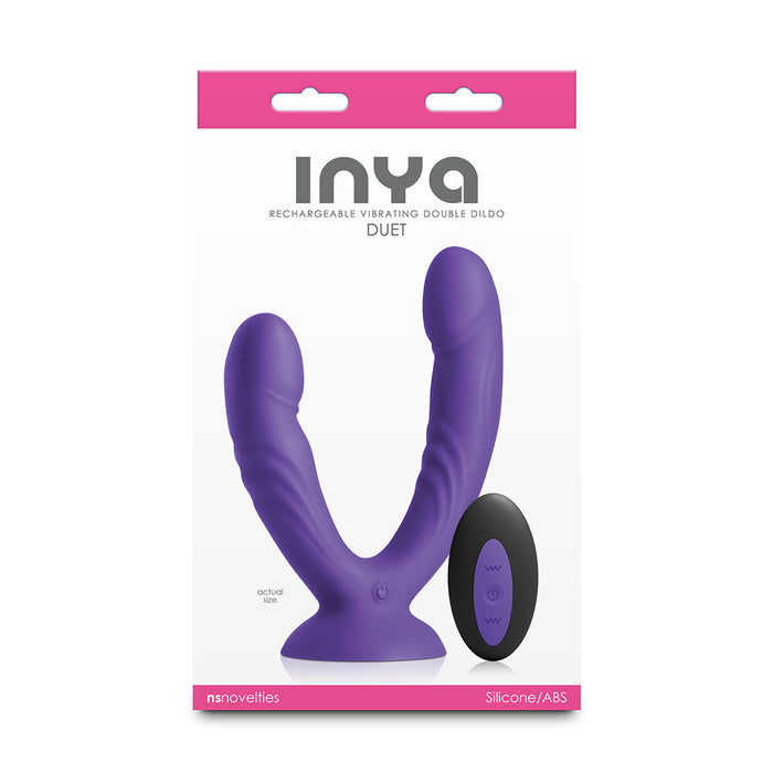 Purple double ended vibrator with packaging labeled 'inya' on a white background