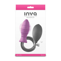 purple inflatable butt plug with ridges, grey hose and bulb pump on box packaging