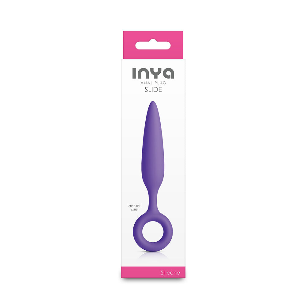 Purple anal plug with packaging on a white background