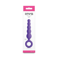 Purple silicone anal plug in packaging with 'INYA' branding on a white background