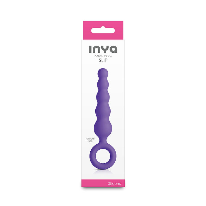 Purple silicone anal plug in packaging with 'INYA' branding on a white background