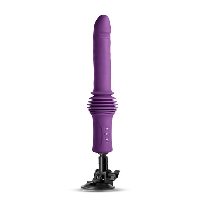 Purple inya super stroker thrusting vibrator with a black base on a white background
