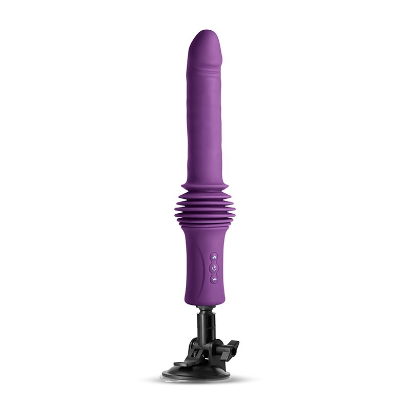 Purple inya super stroker thrusting vibrator with a black base on a white background