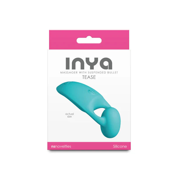 Package of 'INYA Tease' massager with turquoise device on a white background
