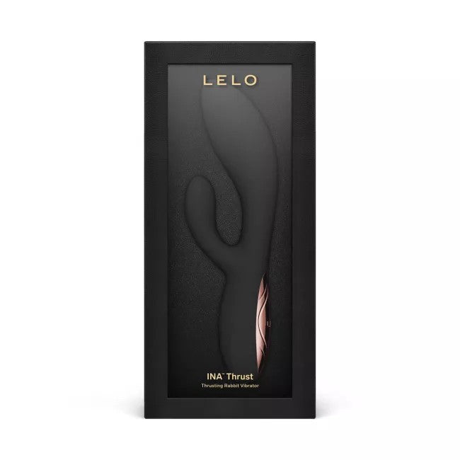 LELO INA Thrust thrust wand in its black presentation box packaging, featuring a cursive design with a rose gold accent.