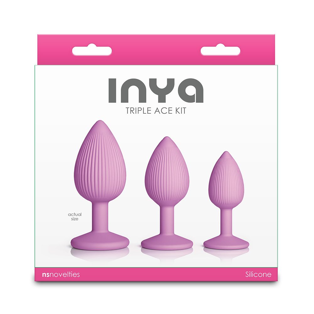 Package of Inya Triple Ace Kit with three pink silicone butt plugs on a white background