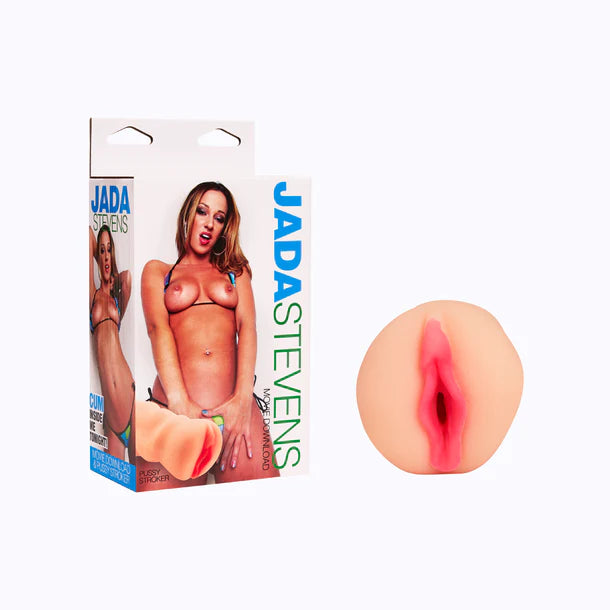 Jada Stevens product packaging with a close-up of a silicone vagina on a white background
