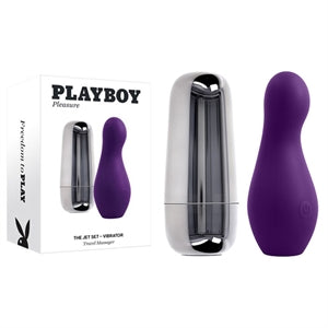 purple vibrator with bulb shaped head with silver case beside display box