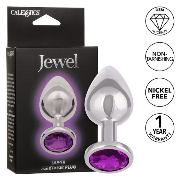 The product image shows a large, silver anal plug with a purple gem accent. The plug is displayed both out of its packaging and in its box, which highlights its features like non-tarnishing and nickel-free materials.