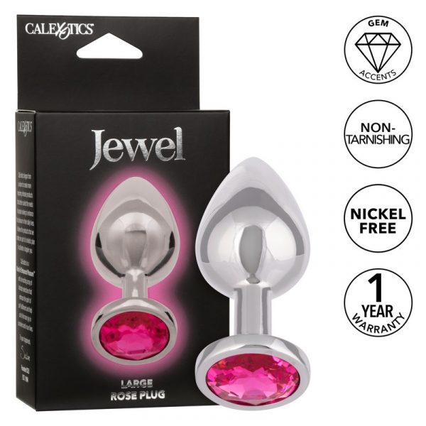 The product image shows a large, teardrop-shaped anal plug with a bright pink gem accent at the base. The plug is made of a shiny, metallic material.