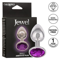 The product image shows a small, sleek anal plug with a smooth, metallic surface and a prominent purple amethyst gem at the base, packaged in a black box with the 'Jewel' brand prominently displayed.
