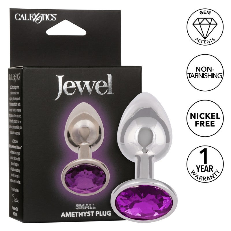 The product image shows a small, sleek anal plug with a smooth, metallic surface and a prominent purple amethyst gem at the base, packaged in a black box with the 'Jewel' brand prominently displayed.
