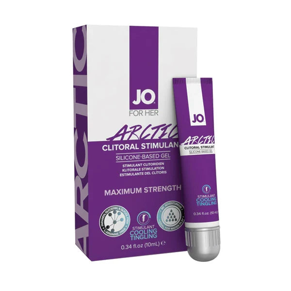 JO For Her Arctic Clitoral Stimulant gel shown with its retail box and a single squeeze tube on a plain white background.