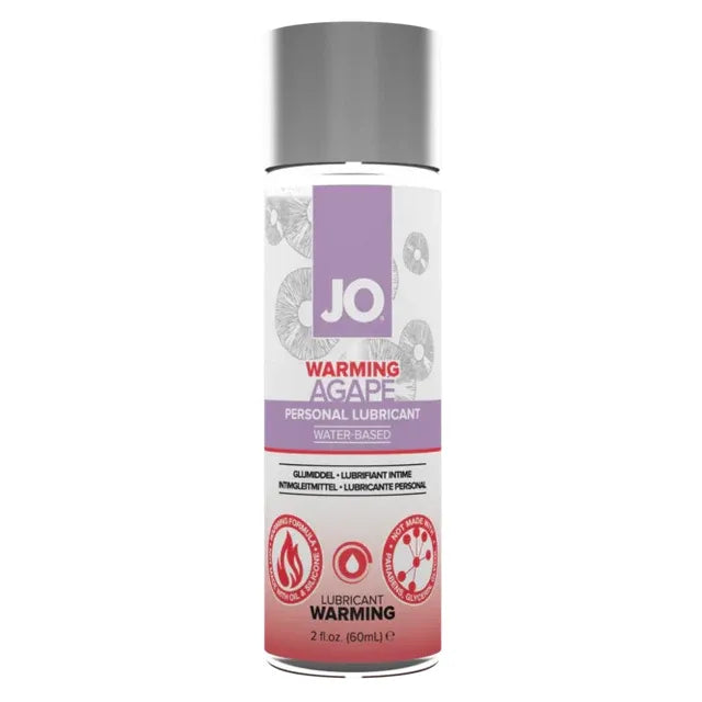 A 2 fl oz can of JO Warming Agape personal lubricant, water-based, featuring a white and purple label with red accents and a silver cap, set against a plain white background.