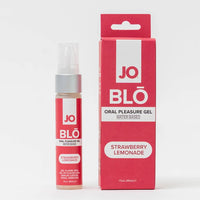 A bottle of JO BLÓ Oral Pleasure Gel next to its retail packaging box, both in strawberry lemonade flavor, on a clean white background.
